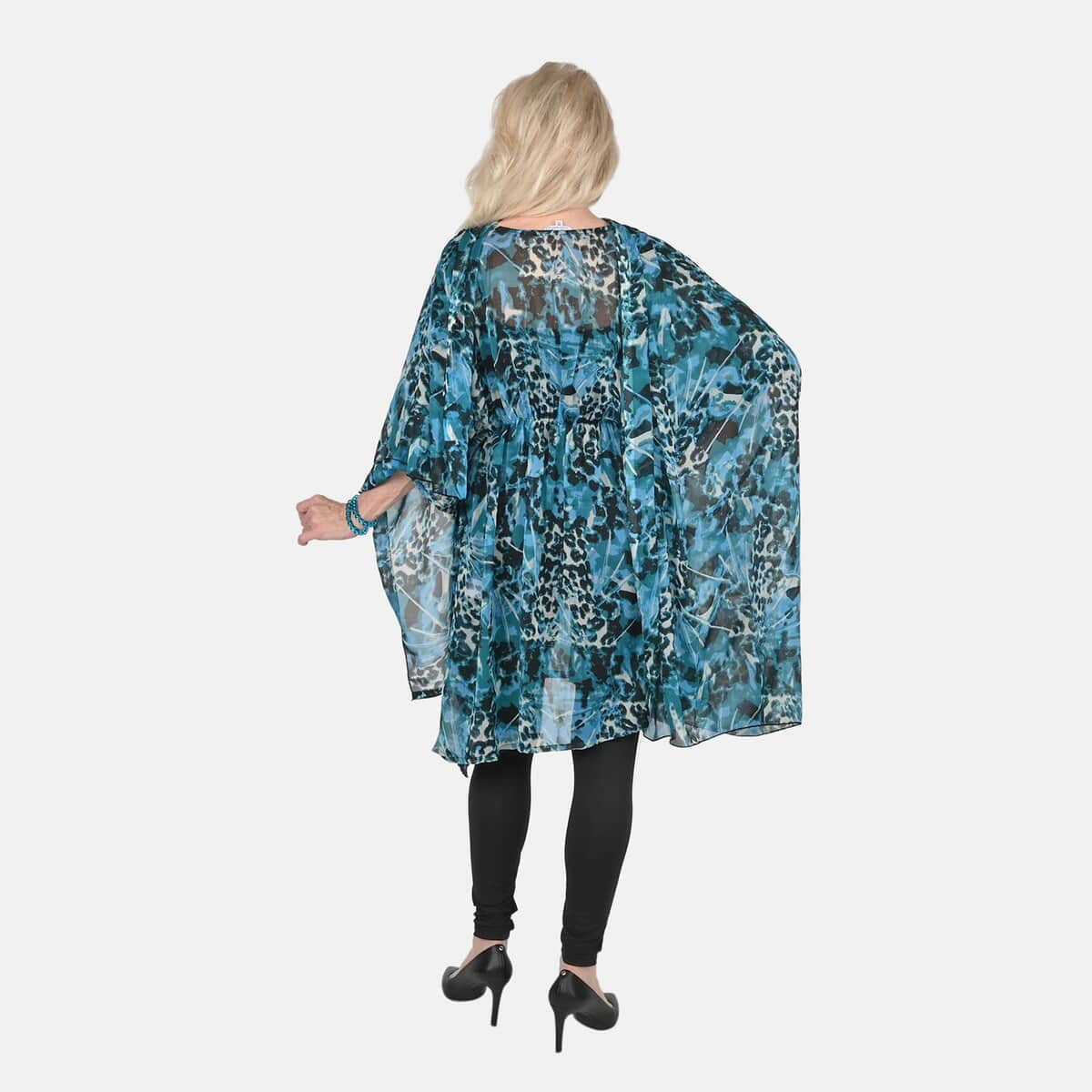 Tamsy Black and Teal Leopard Print Poly Chiffon Kaftan with Scarf and 2pcs Matching Glass Beaded Stretch Bracelet image number 1