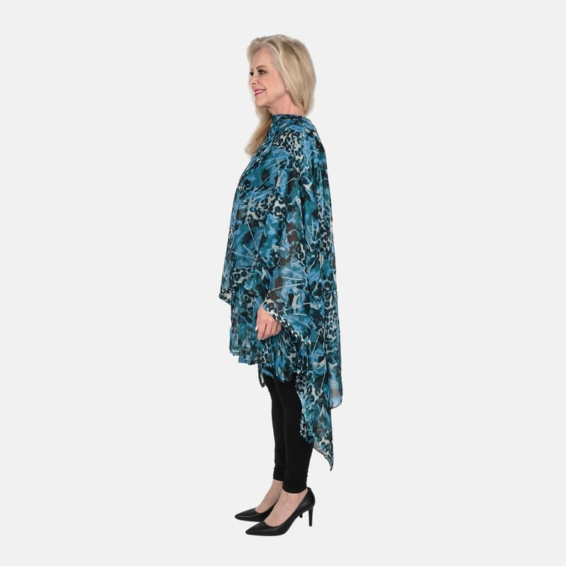 Tamsy Black and Teal Leopard Print Poly Chiffon Kaftan with Scarf and 2pcs Matching Glass Beaded Stretch Bracelet