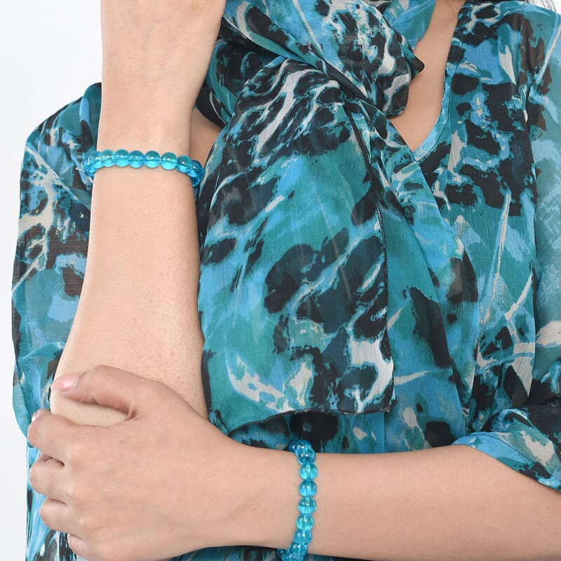 Tamsy Black and Teal Leopard Print Poly Chiffon Kaftan with Scarf and 2pcs Matching Glass Beaded Stretch Bracelet