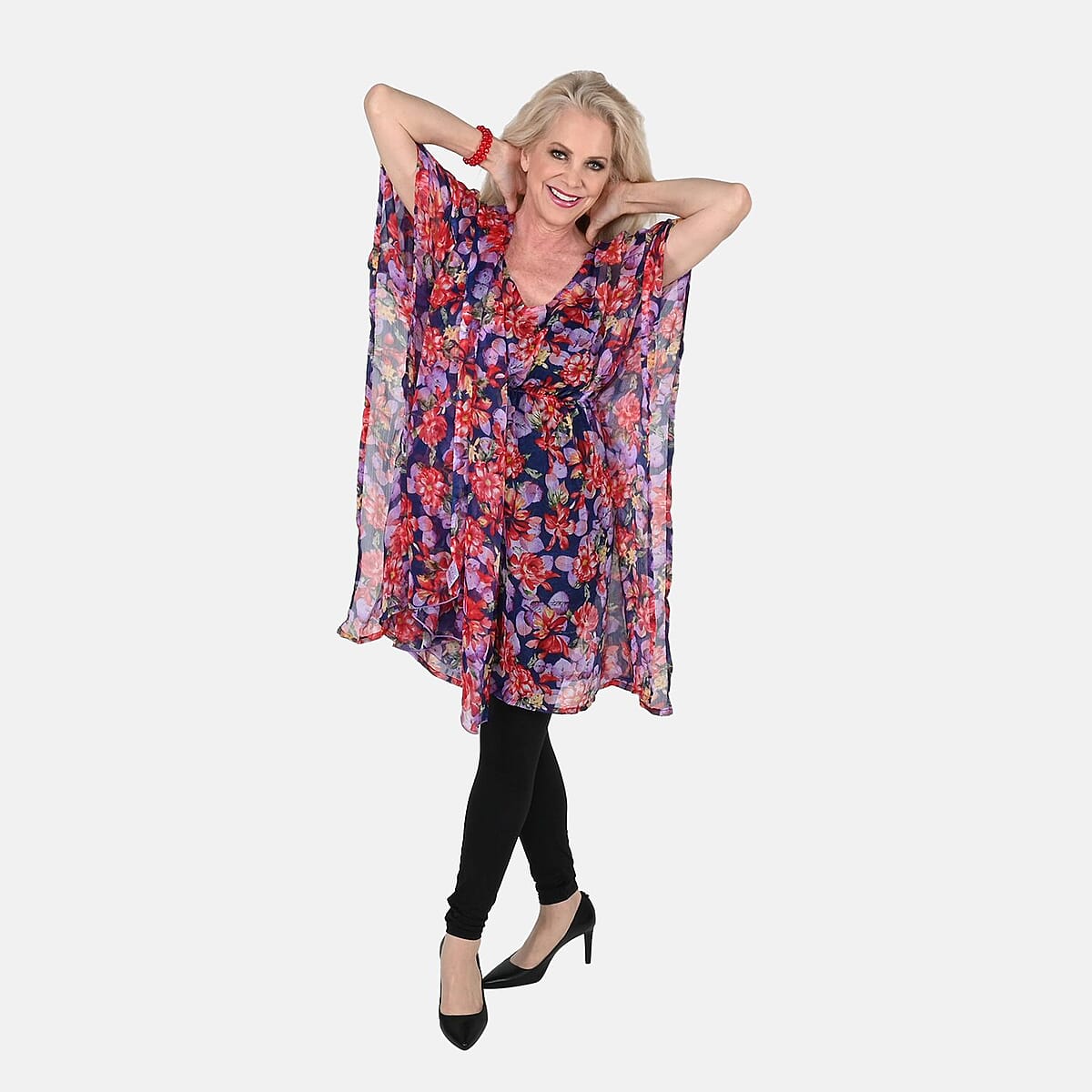 Tamsy Multi Tropical Print Poly Chiffon Kaftan with Scarf and 2pcs Matching Glass Beaded Stretch Bracelet image number 0