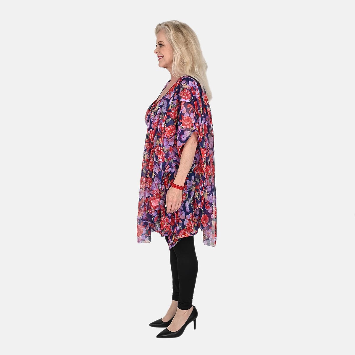 Tamsy Multi Tropical Print Poly Chiffon Kaftan with Scarf and 2pcs Matching Glass Beaded Stretch Bracelet image number 2