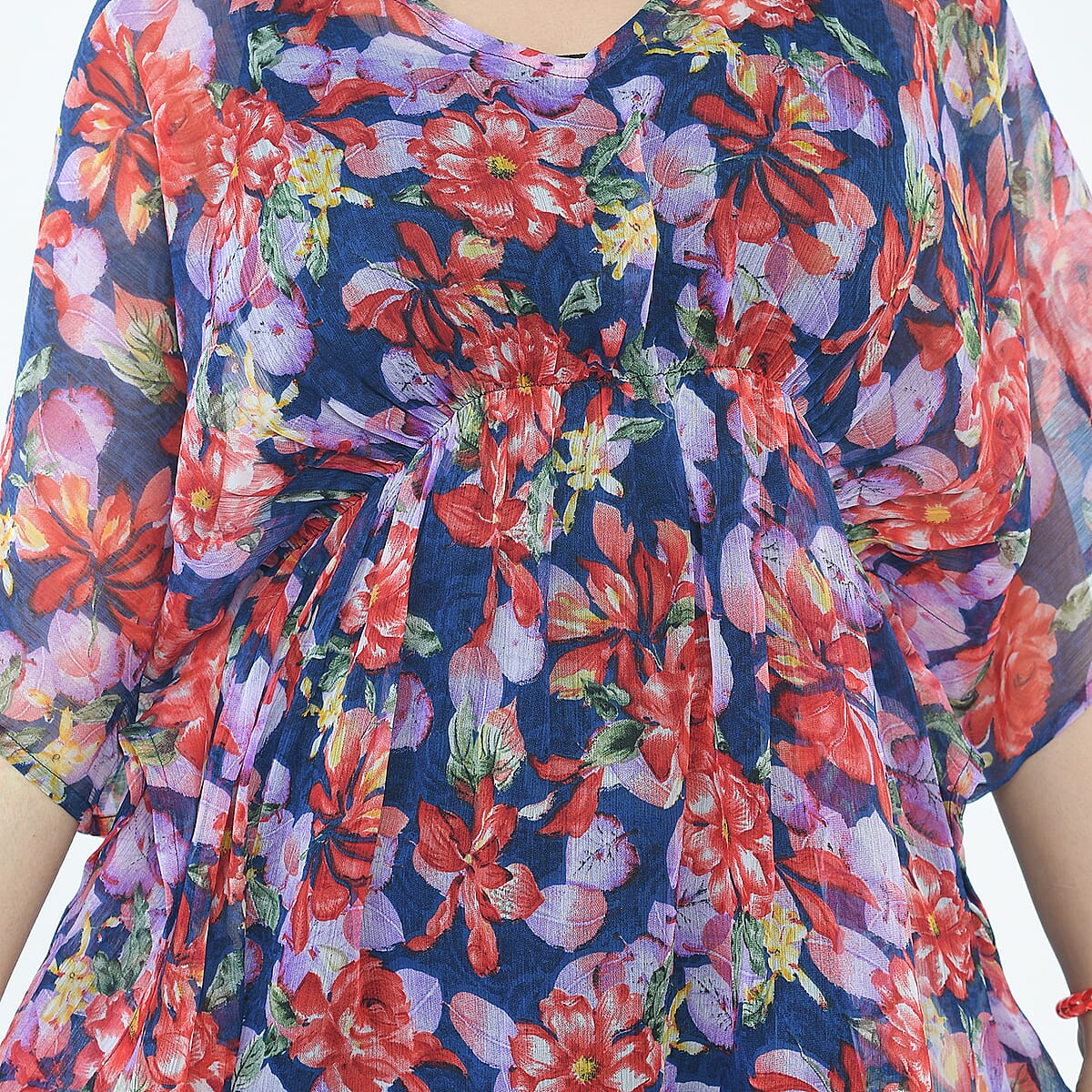 Tamsy Multi Tropical Print Poly Chiffon Kaftan with Scarf and 2pcs Matching Glass Beaded Stretch Bracelet image number 6