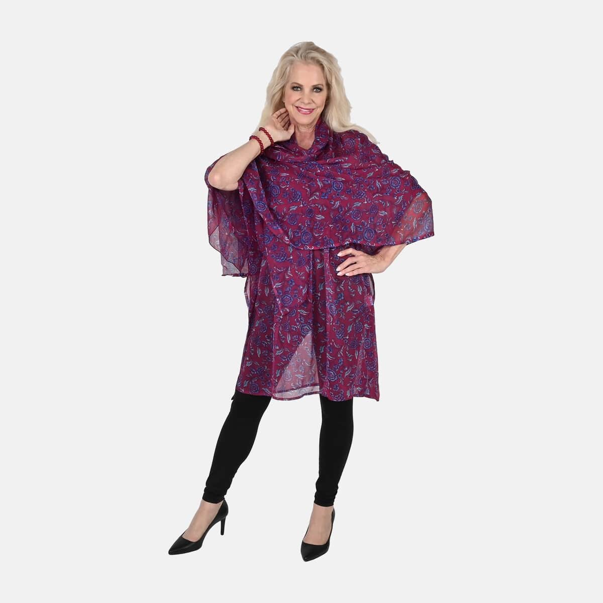 Tamsy Magenta Floral Print Poly Chiffon Kaftan with Scarf and 2pcs Matching Glass Beaded Stretch Bracelet image number 0