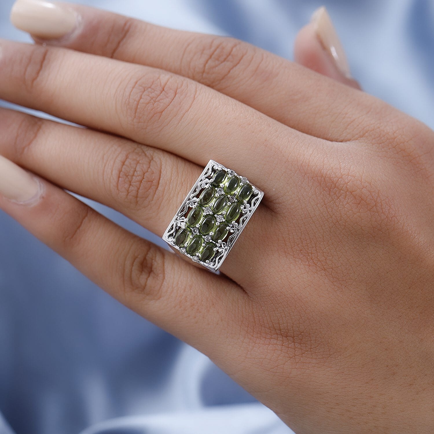 Italian Natural Vesuvianite and White Zircon Ring in Platinum Over Sterling Silver (Size 10.0) 3.75 ctw