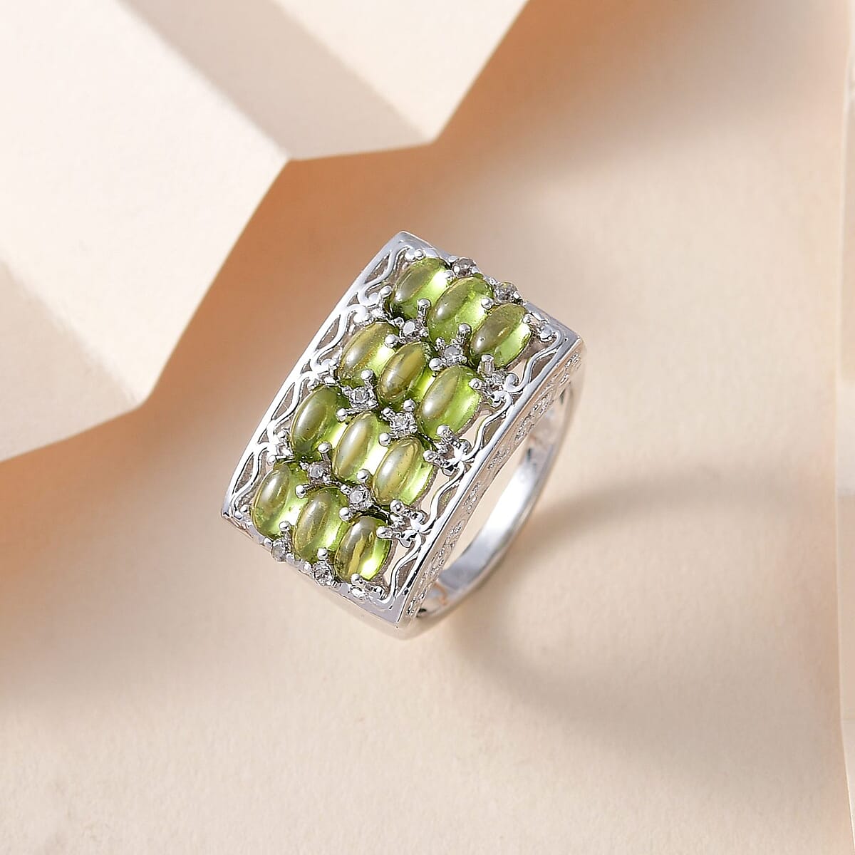 Italian Natural Vesuvianite and White Zircon Ring in Platinum Over Sterling Silver (Size 7.0) 3.75 ctw image number 1