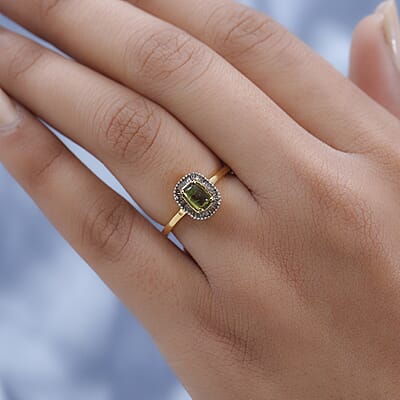 Italian Vesuvianite and Diamond Halo Ring in Vermeil Yellow Gold Over Sterling Silver (Size 10.0) 0.85 ctw