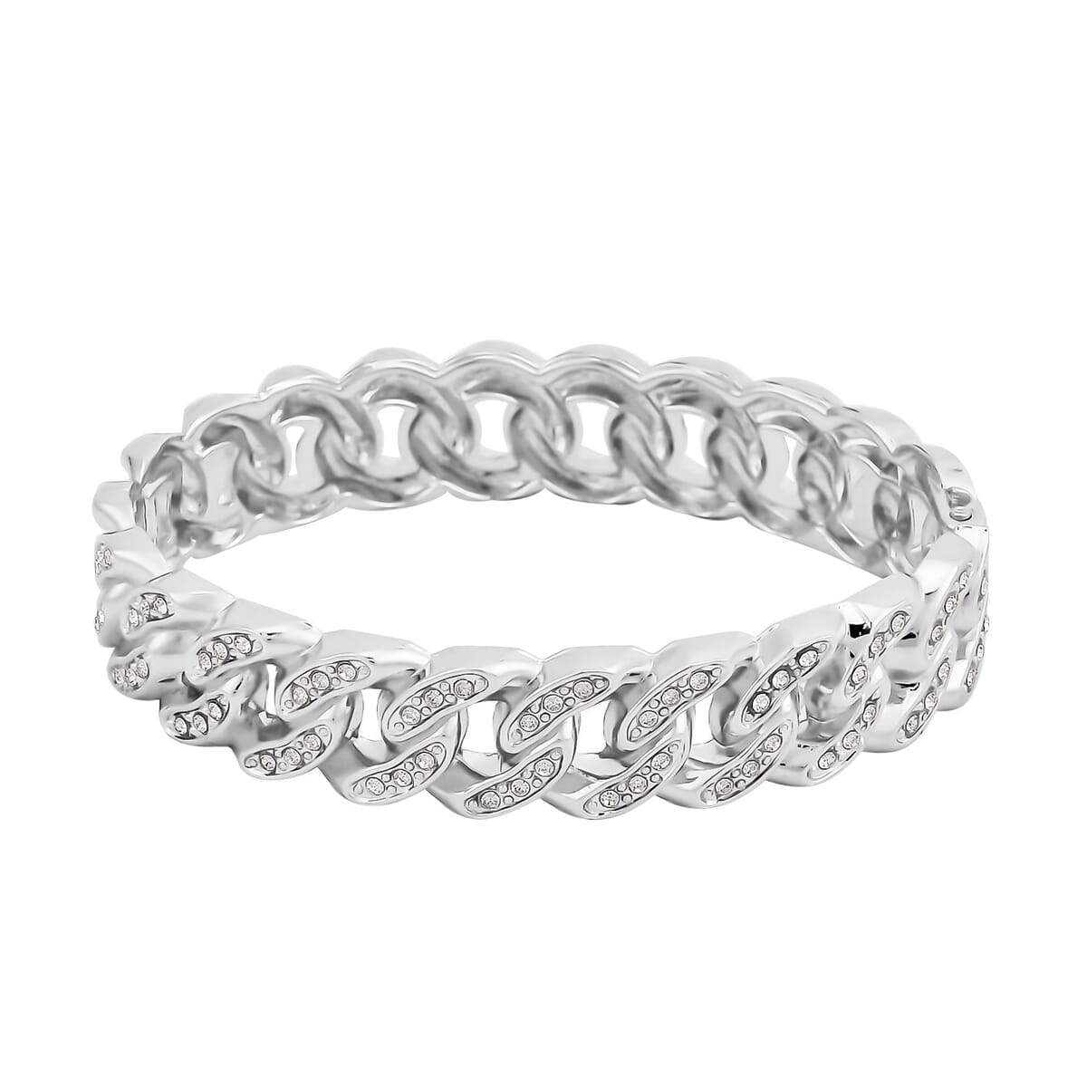Austrian Crystal Curb Chain Bangle Bracelet in Silvertone (6.75 In) image number 0