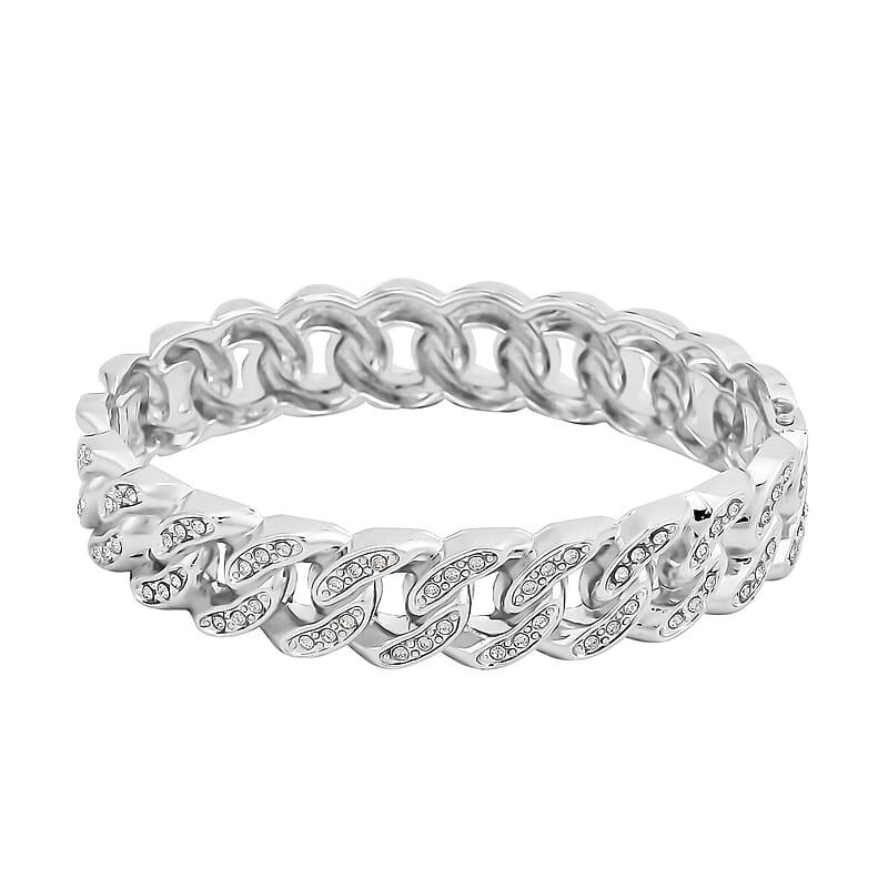 Austrian Crystal Curb Chain Bangle Bracelet in Silvertone (6.75 In)