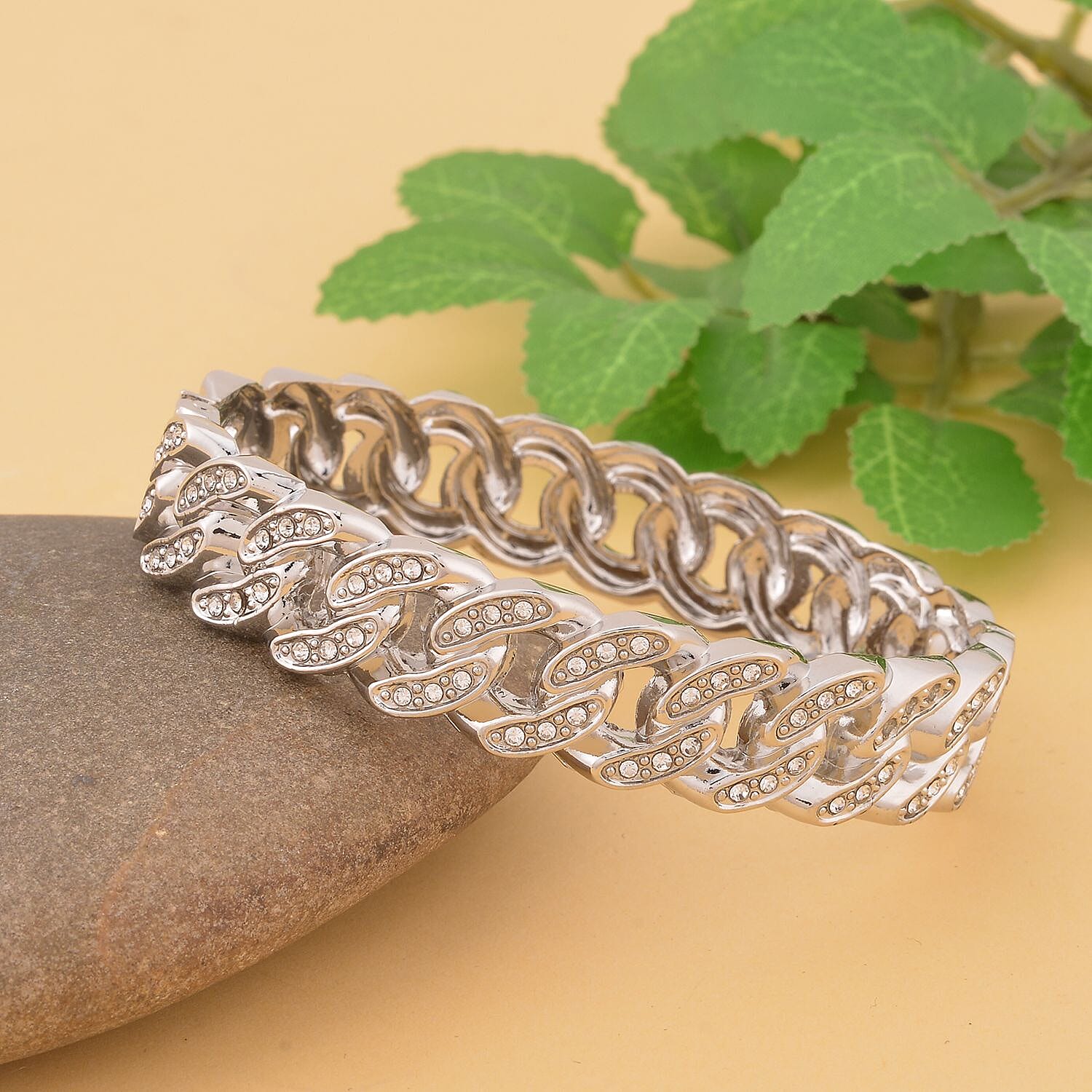 Austrian Crystal Curb Chain Bangle Bracelet in Silvertone (6.75 In)