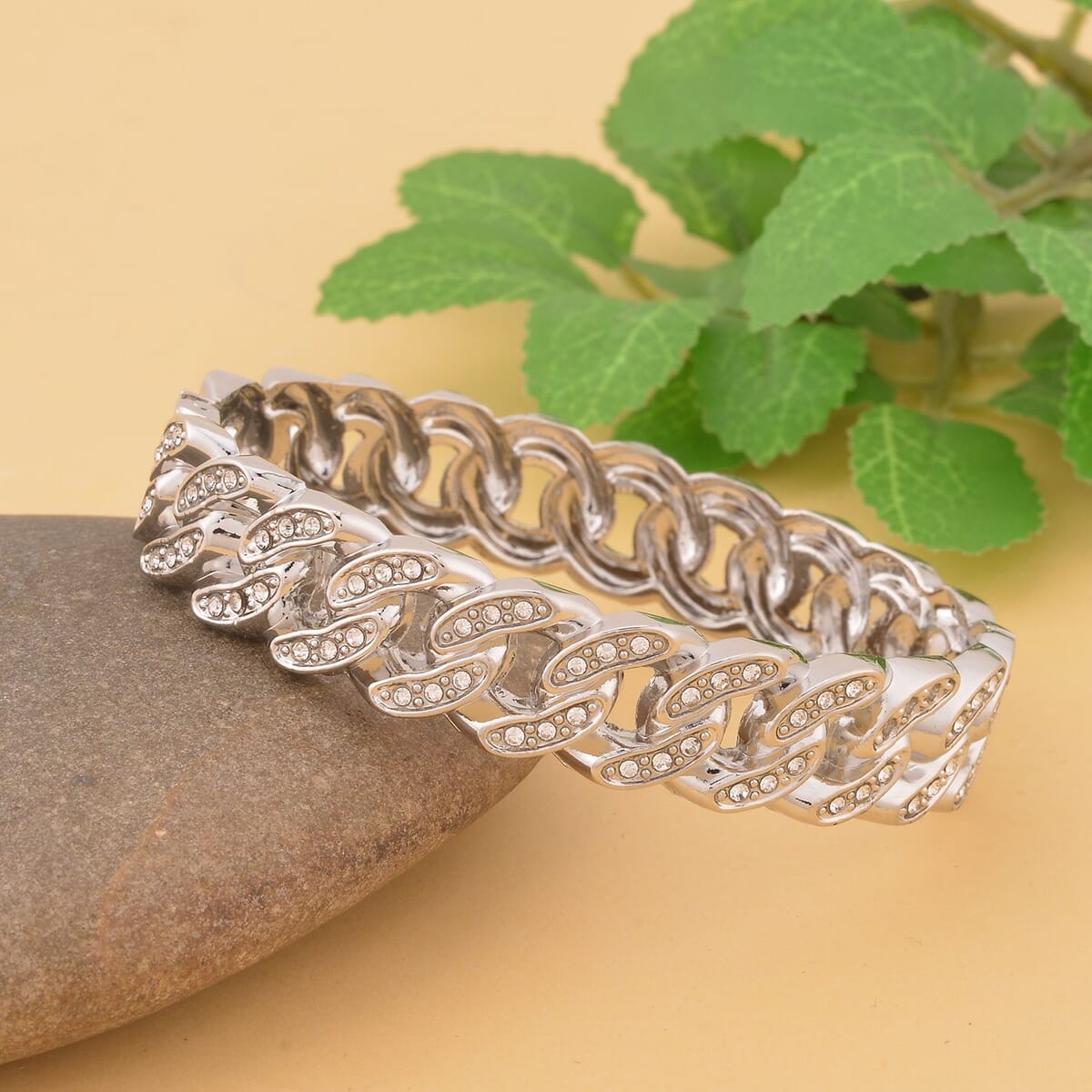 Austrian Crystal Curb Chain Bangle Bracelet in Silvertone (6.75 In) image number 1