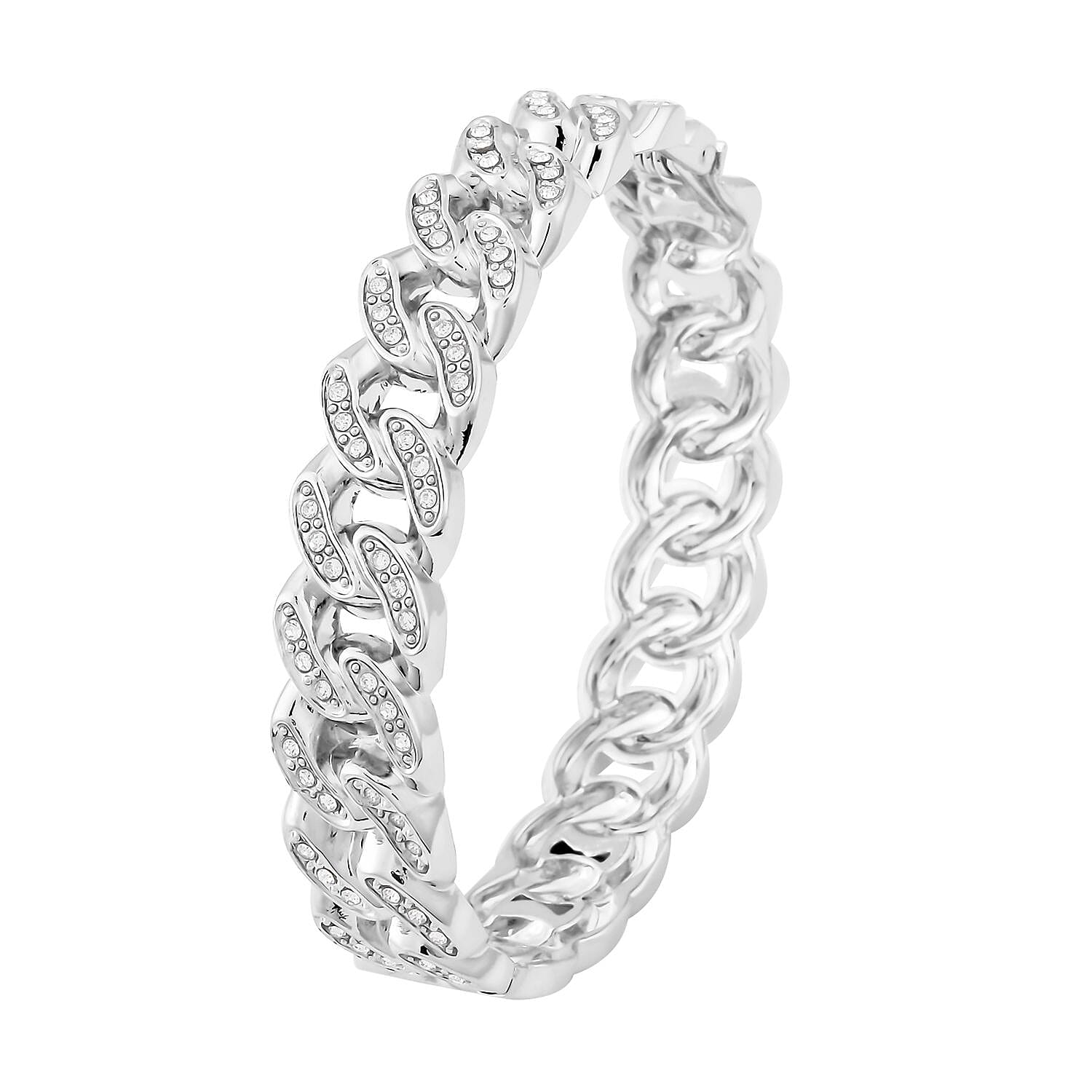 Austrian Crystal Curb Chain Bangle Bracelet in Silvertone (6.75 In)