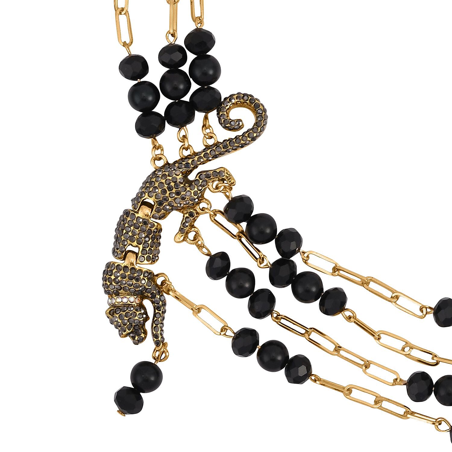 Simulated Black Pearl and Multi Gemstone Multi Row Paper Clip Chain Necklace with Leopard Charm (20-22 Inches) in Goldtone
