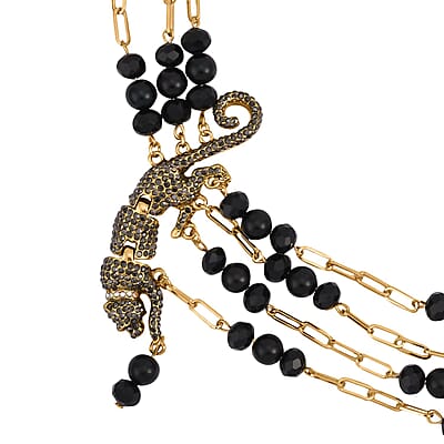 Simulated Black Pearl and Multi Gemstone Multi Row Paper Clip Chain Necklace with Leopard Charm (20-22 Inches) in Goldtone