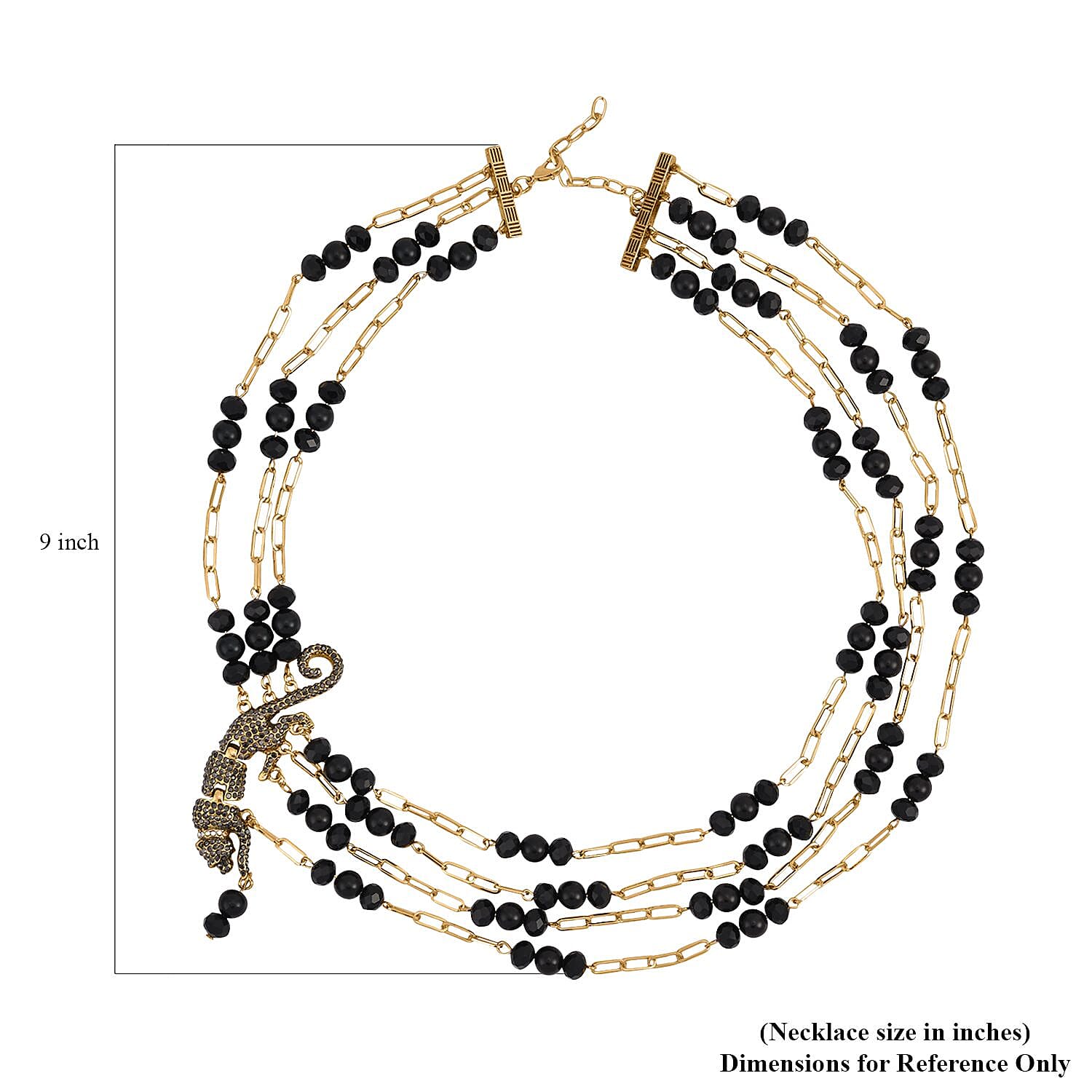 Simulated Black Pearl and Multi Gemstone Multi Row Paper Clip Chain Necklace with Leopard Charm (20-22 Inches) in Goldtone