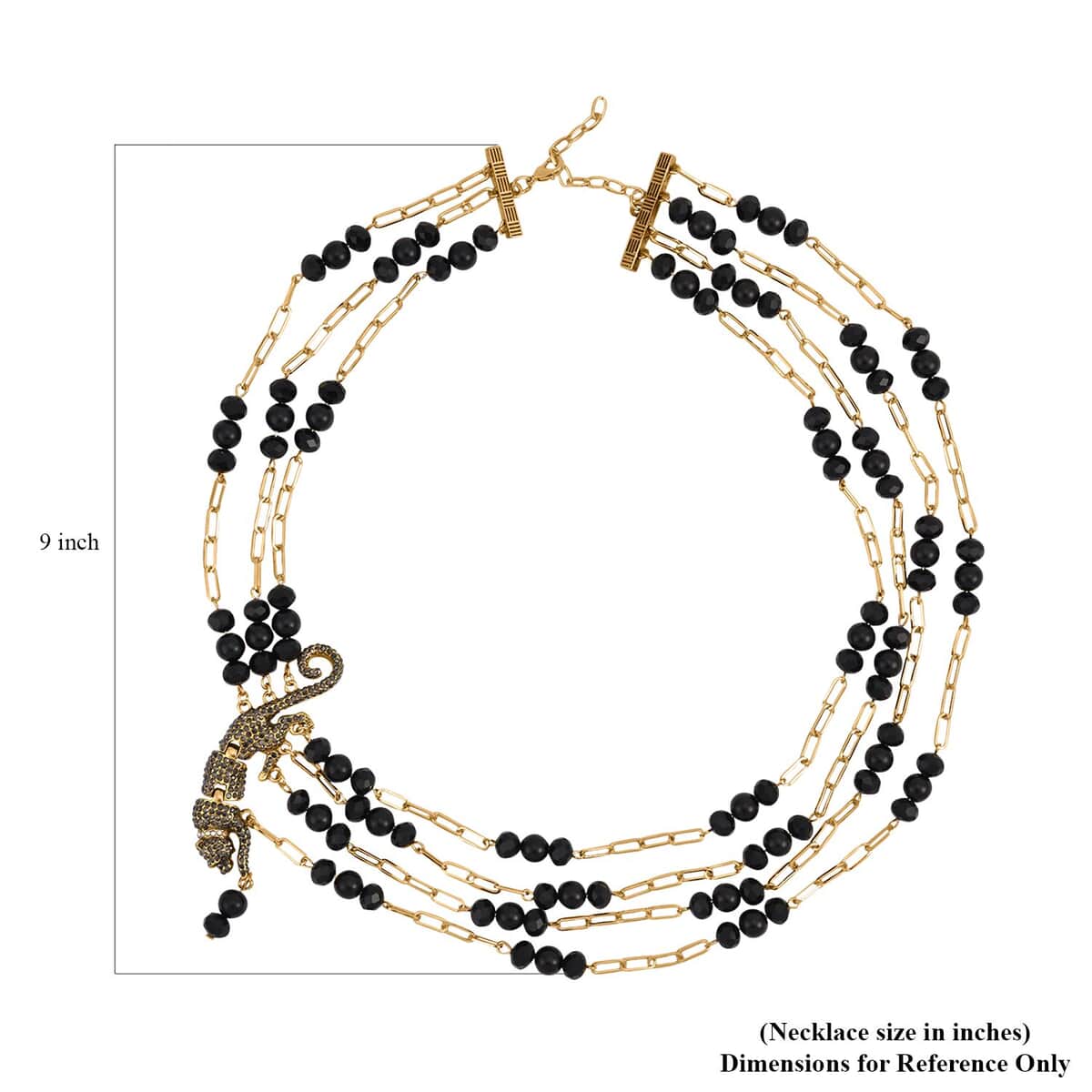 Simulated Black Pearl and Multi Gemstone Multi Row Paper Clip Chain Necklace with Leopard Charm (20-22 Inches) in Goldtone image number 4