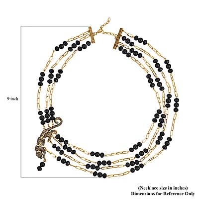 Simulated Black Pearl and Multi Gemstone Multi Row Paper Clip Chain Necklace with Leopard Charm (20-22 Inches) in Goldtone