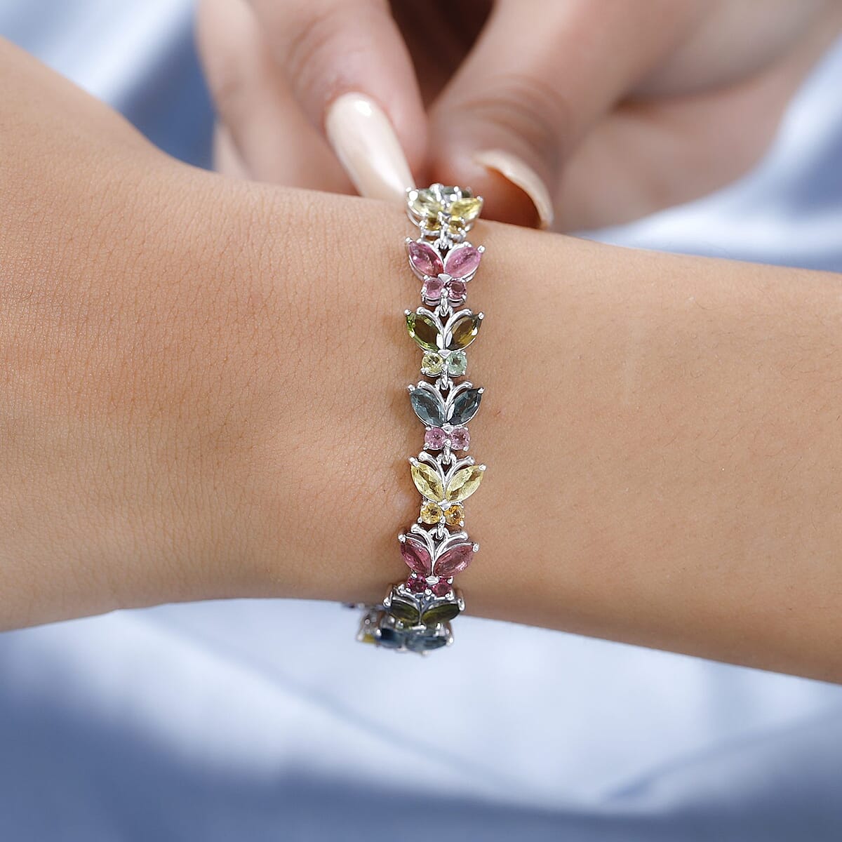 GP Italian Garden Collection Multi-Tourmaline Butterfly Bracelet in Platinum Over Sterling Silver (6.50 In) 9.80 Grams 8.60 ctw image number 2