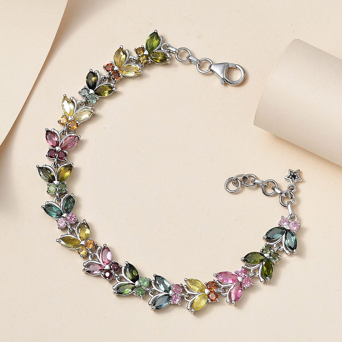 GP Italian Garden Collection Multi-Tourmaline Butterfly Bracelet in Platinum Over Sterling Silver (8.00 In) 8.60 ctw image number 1