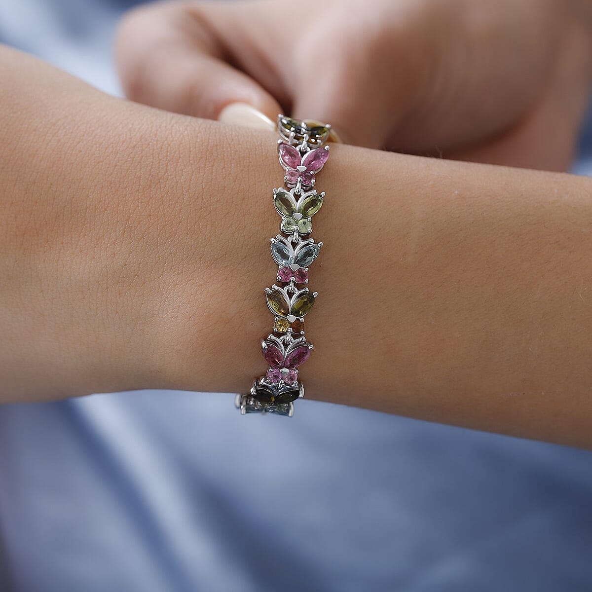 GP Italian Garden Collection Multi-Tourmaline Butterfly Bracelet in Platinum Over Sterling Silver (8.00 In) 8.60 ctw image number 2