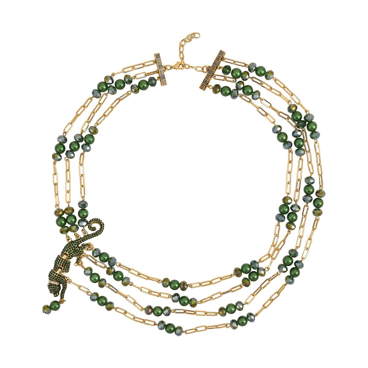 Simulated Green Pearl and Multi Gemstone Multi Row Paper Clip Chain Necklace with Leopard Charm 20-22 Inches in Goldtone image number 0