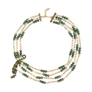 Simulated Green Pearl and Multi Gemstone Multi Row Paper Clip Chain Necklace with Leopard Charm 20-22 Inches in Goldtone