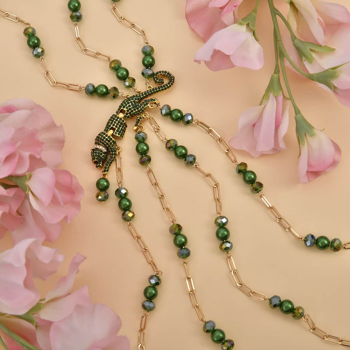 Simulated Green Pearl and Multi Gemstone Multi Row Paper Clip Chain Necklace with Leopard Charm 20-22 Inches in Goldtone image number 1
