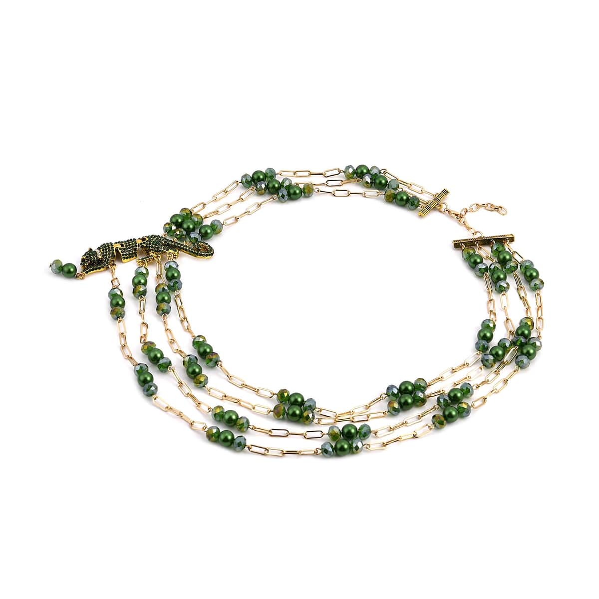 Simulated Green Pearl and Multi Gemstone Multi Row Paper Clip Chain Necklace with Leopard Charm 20-22 Inches in Goldtone image number 2