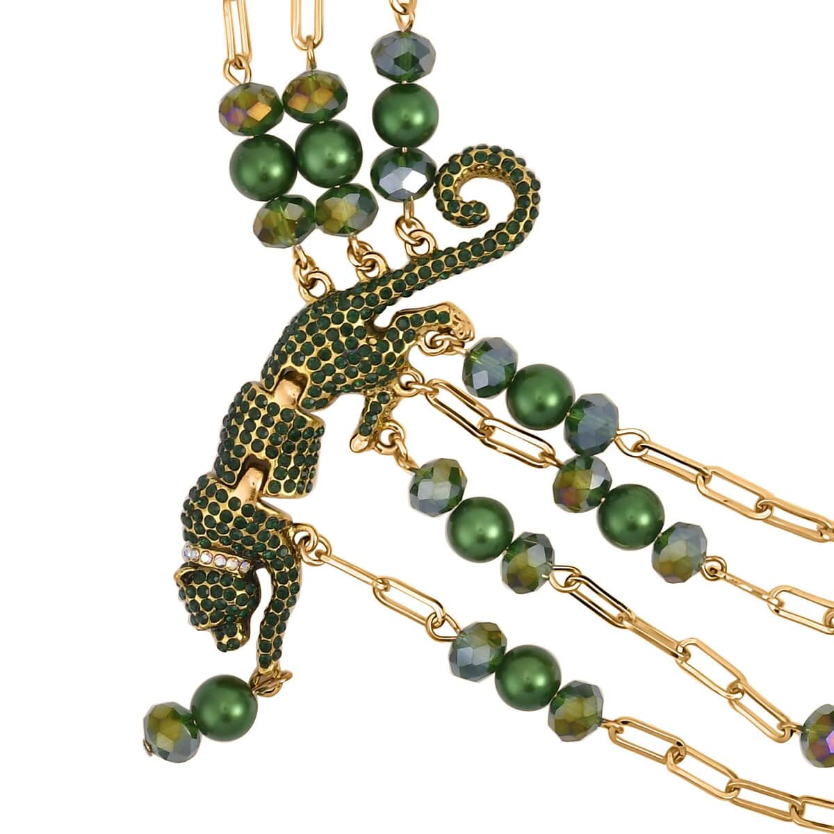 Simulated Green Pearl and Multi Gemstone Multi Row Paper Clip Chain Necklace with Leopard Charm 20-22 Inches in Goldtone image number 3