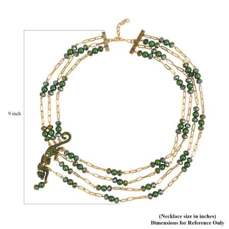 Simulated Green Pearl and Multi Gemstone Multi Row Paper Clip Chain Necklace with Leopard Charm 20-22 Inches in Goldtone , Shop LC