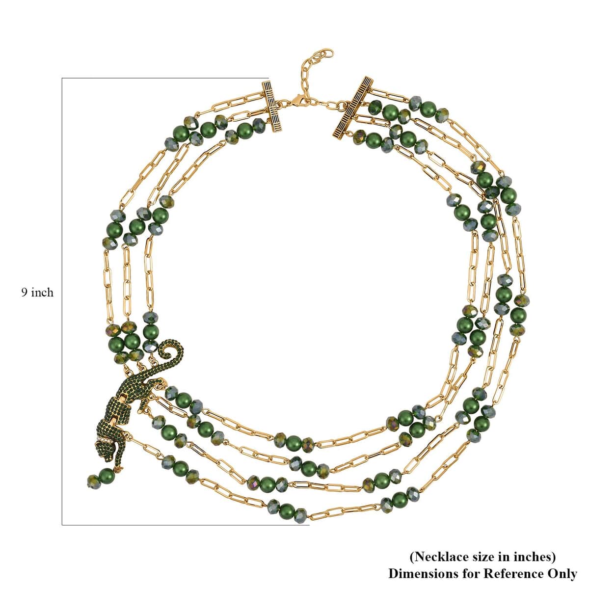 Simulated Green Pearl and Multi Gemstone Multi Row Paper Clip Chain Necklace with Leopard Charm 20-22 Inches in Goldtone image number 4