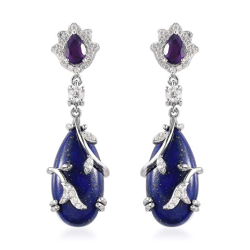 GP Italian Garden Collection Lapis Lazuli and Multi Gemstone Dangling Earrings in Platinum Over Sterling Silver 20.75 ctw