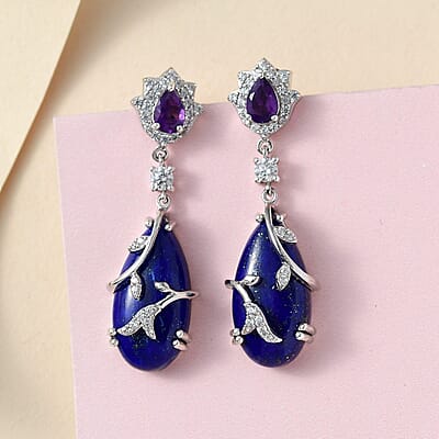 GP Italian Garden Collection Lapis Lazuli and Multi Gemstone Dangling Earrings in Platinum Over Sterling Silver 20.75 ctw