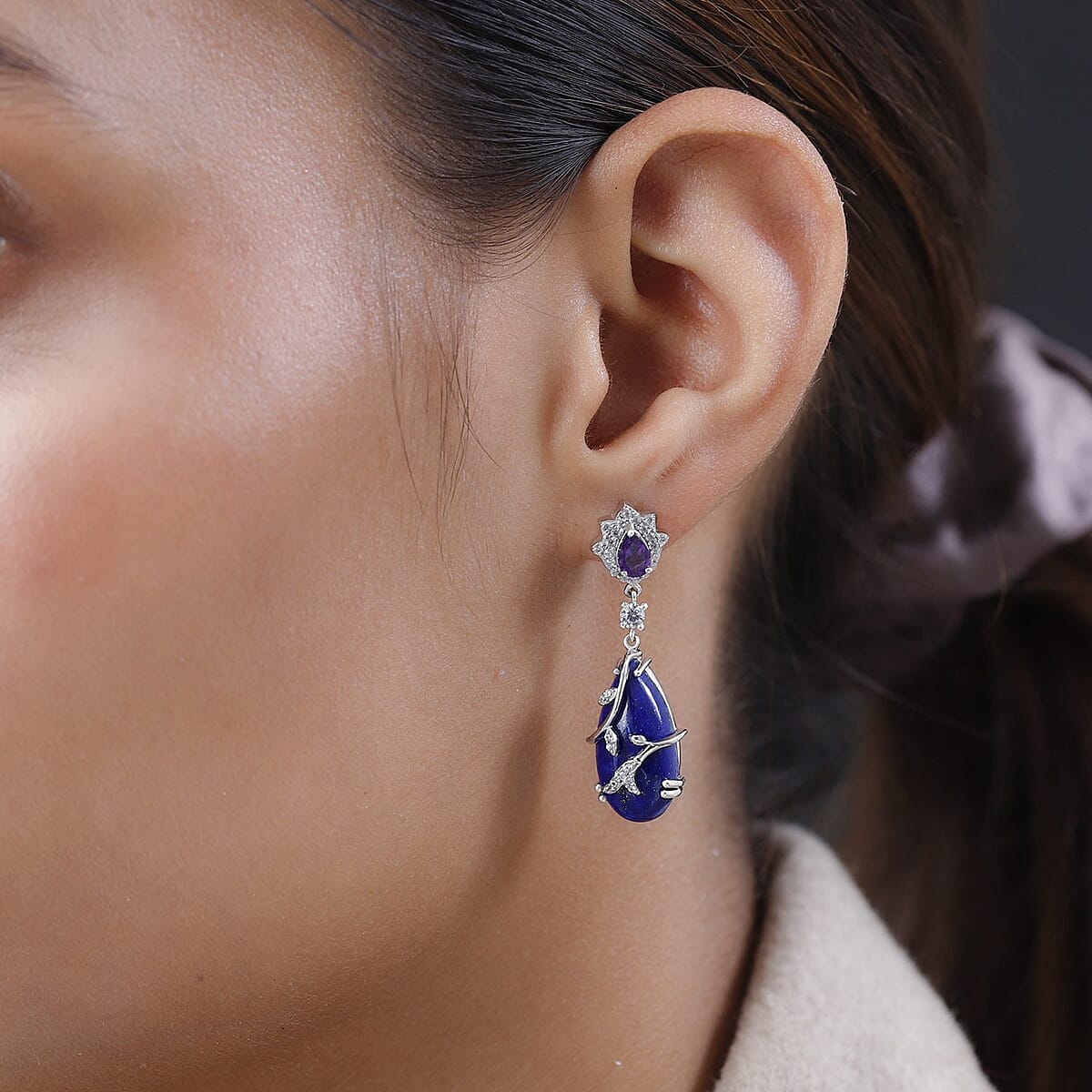 GP Italian Garden Collection Lapis Lazuli and Multi Gemstone Dangling Earrings in Platinum Over Sterling Silver 20.75 ctw image number 2