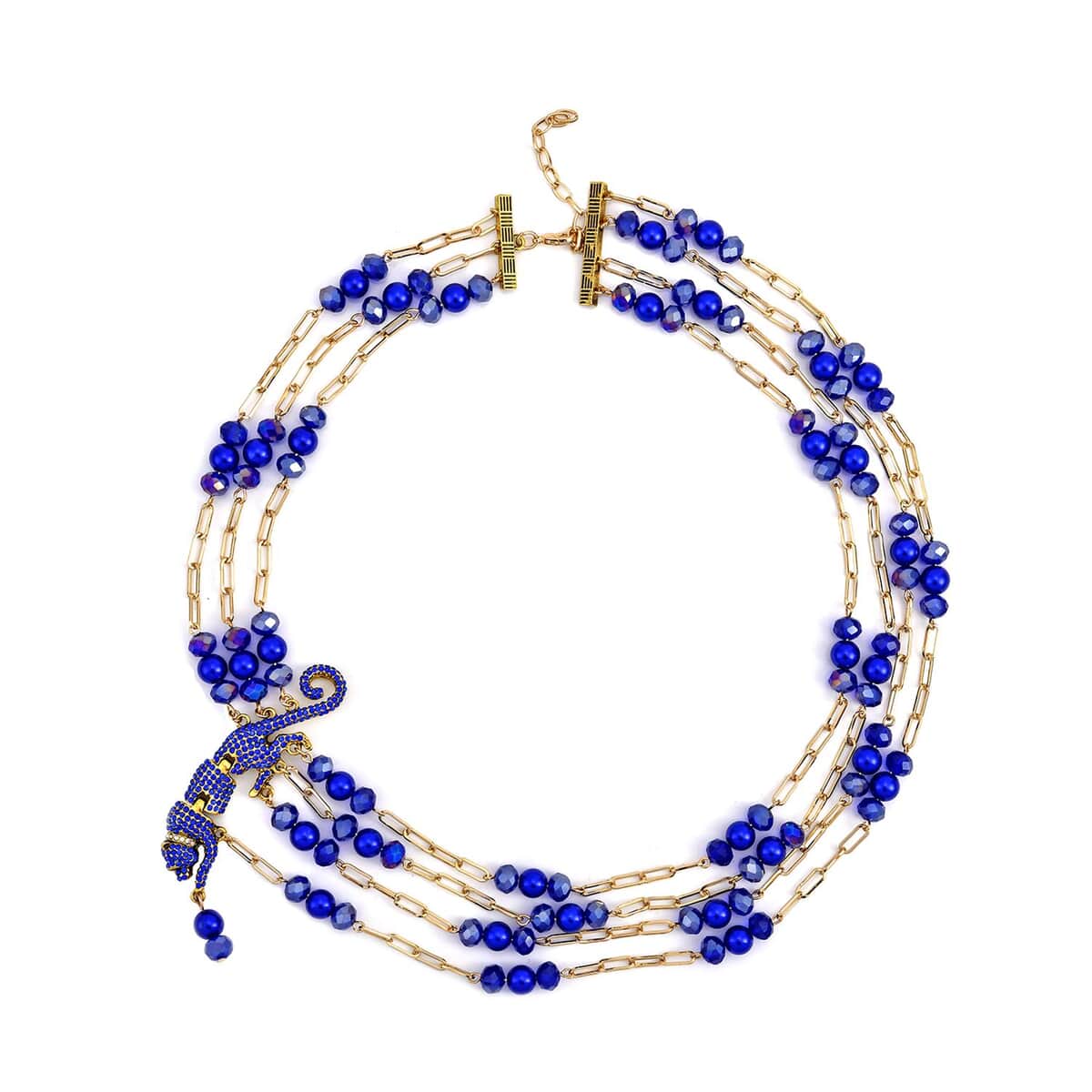 Simulated Blue Pearl and Multi Gemstone Multi Row Paper Clip Chain Necklace with Leopard Charm 20-22 Inches in Goldtone image number 0