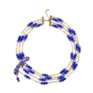 Simulated Blue Pearl and Multi Gemstone Multi Row Paper Clip Chain Necklace with Leopard Charm 20-22 Inches in Goldtone