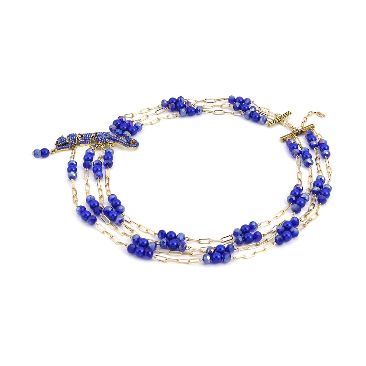 Simulated Blue Pearl and Multi Gemstone Multi Row Paper Clip Chain Necklace with Leopard Charm 20-22 Inches in Goldtone image number 2