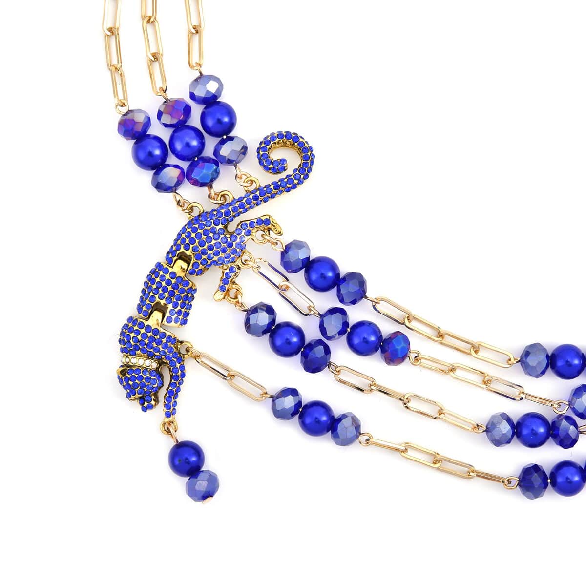 Simulated Blue Pearl and Multi Gemstone Multi Row Paper Clip Chain Necklace with Leopard Charm 20-22 Inches in Goldtone image number 3