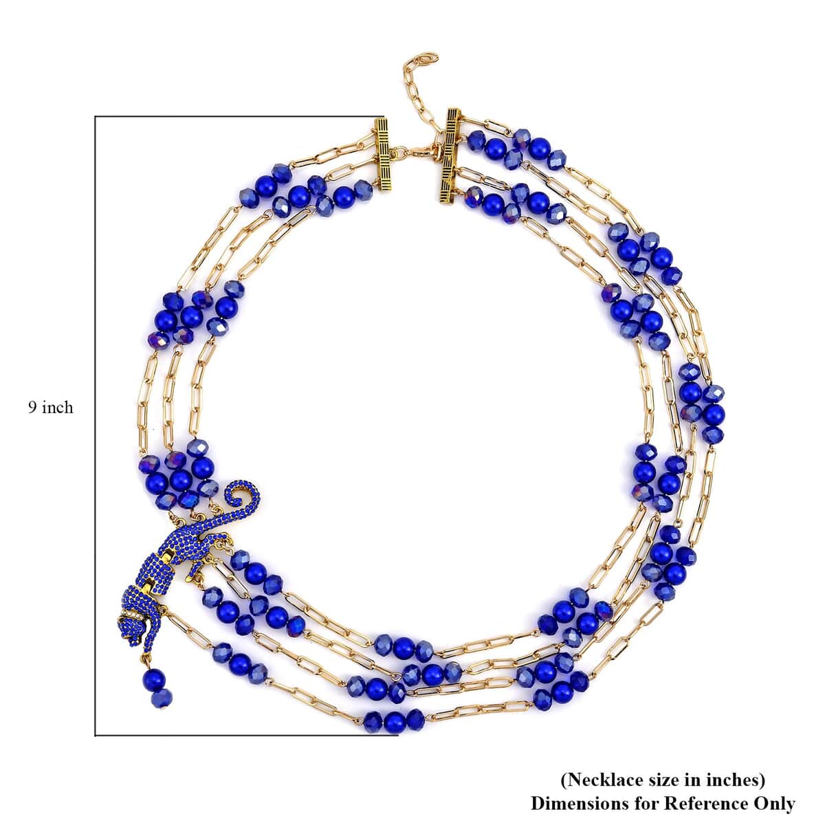 Simulated Blue Pearl and Multi Gemstone Multi Row Paper Clip Chain Necklace with Leopard Charm 20-22 Inches in Goldtone image number 4