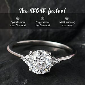 D'Joy 100 Facets Moissanite 1.85 ctw Ring in Rhodium Over Sterling Silver, Engagement Ring For Women (Size 10.0)