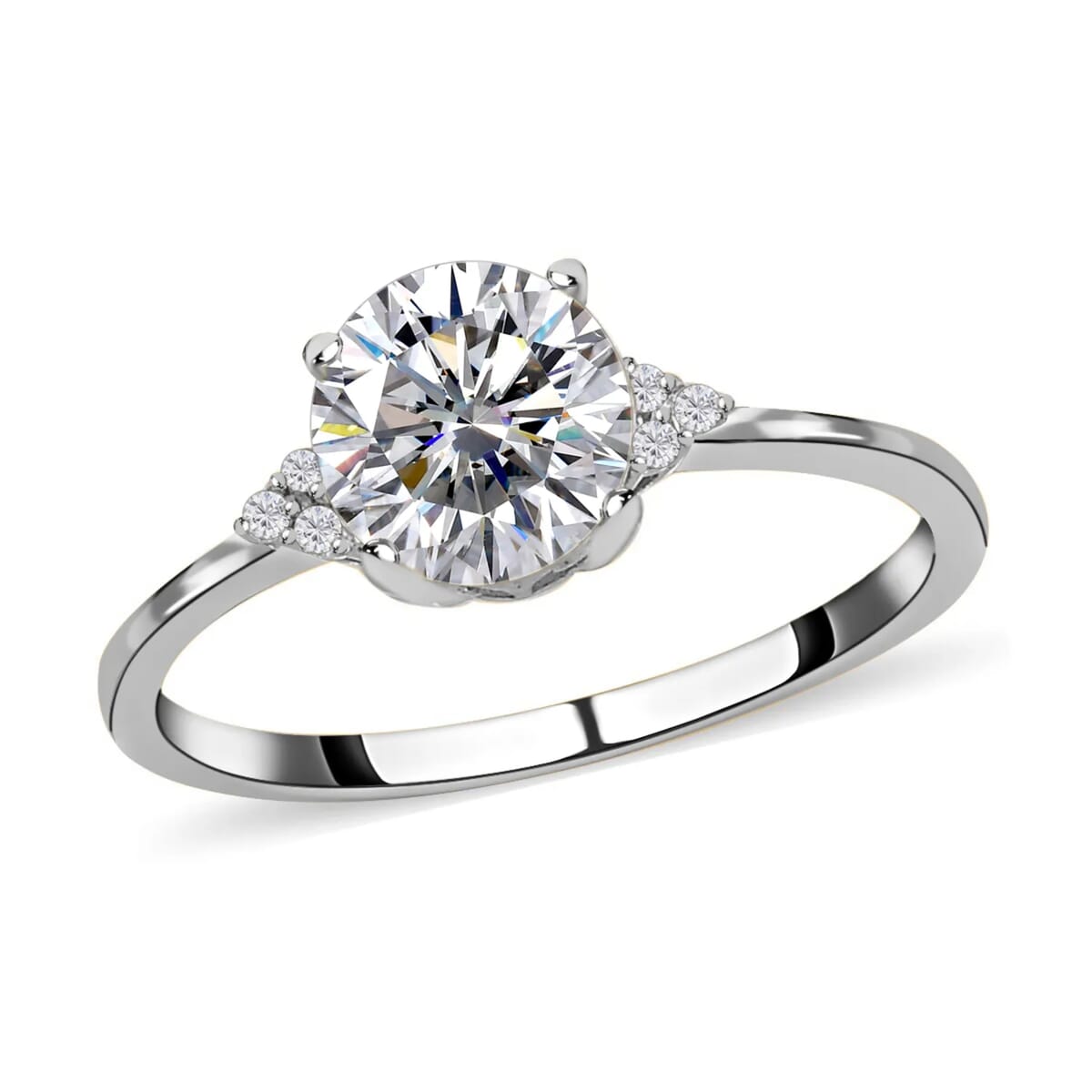 100 Facets Moissanite 1.85 ctw Ring in Rhodium Over Sterling Silver, Engagement Ring For Women (Size 5.0) image number 0
