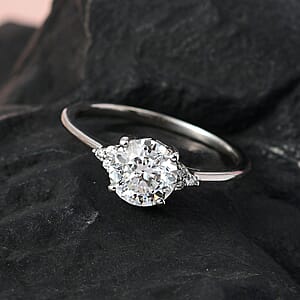 D'Joy 100 Facets Moissanite 1.85 ctw Ring in Rhodium Over Sterling Silver, Engagement Ring For Women (Size 5.0)