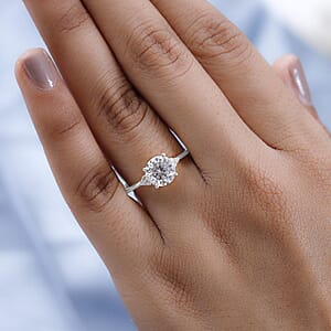 D'Joy 100 Facets Moissanite 1.85 ctw Ring in Rhodium Over Sterling Silver, Engagement Ring For Women (Size 5.0)