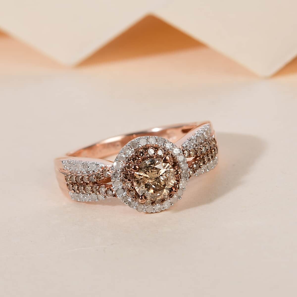 Natural Champagne and White Diamond Ring in Rhodium and Vermeil Rose Gold Over Sterling Silver 1.00 ctw image number 1
