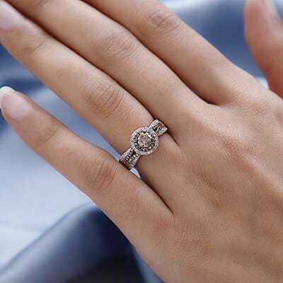 Natural Champagne and White Diamond Ring in Rhodium and Vermeil Rose Gold Over Sterling Silver (Size 10.0) 1.00 ctw