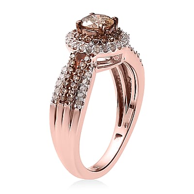 Natural Champagne and White Diamond Ring in Rhodium and Vermeil Rose Gold Over Sterling Silver (Size 10.0) 1.00 ctw