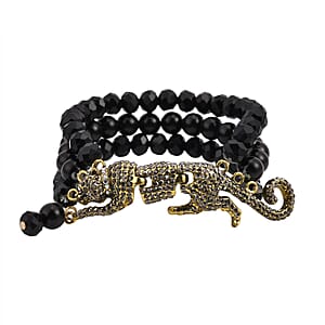 Simulated Black Pearl and Multi Gemstone Multi Row Bracelet with Leopard Charm in Goldtone (7.5-9.5In)