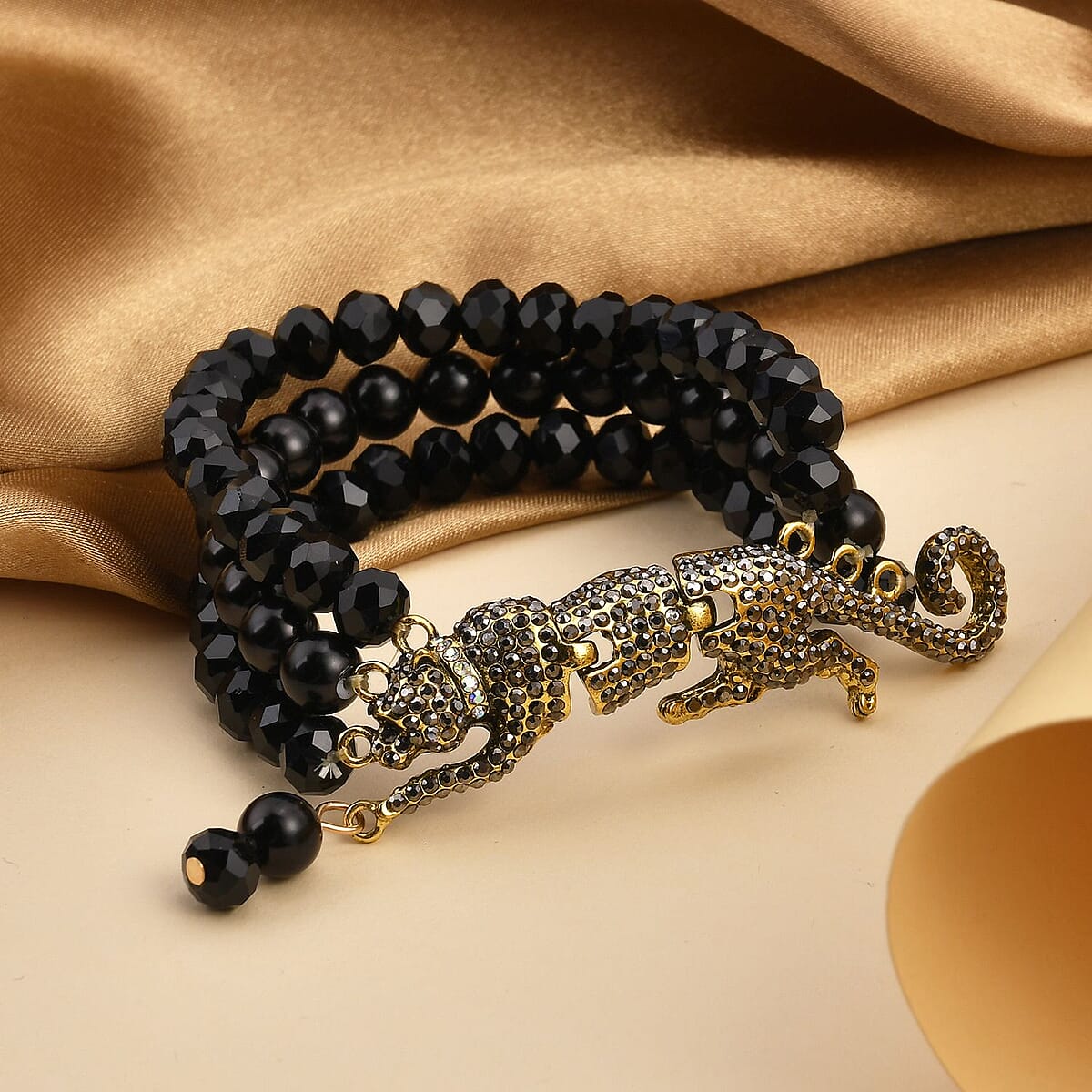 Simulated Black Pearl and Multi Gemstone Multi Row Bracelet with Leopard Charm in Goldtone (7.5-9.5In) image number 1