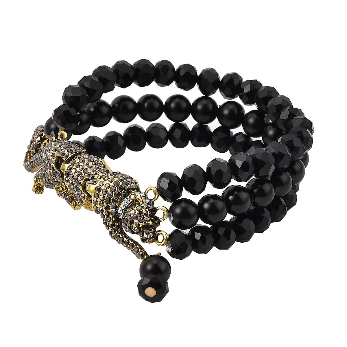 Simulated Black Pearl and Multi Gemstone Multi Row Bracelet with Leopard Charm in Goldtone (7.5-9.5In) image number 2