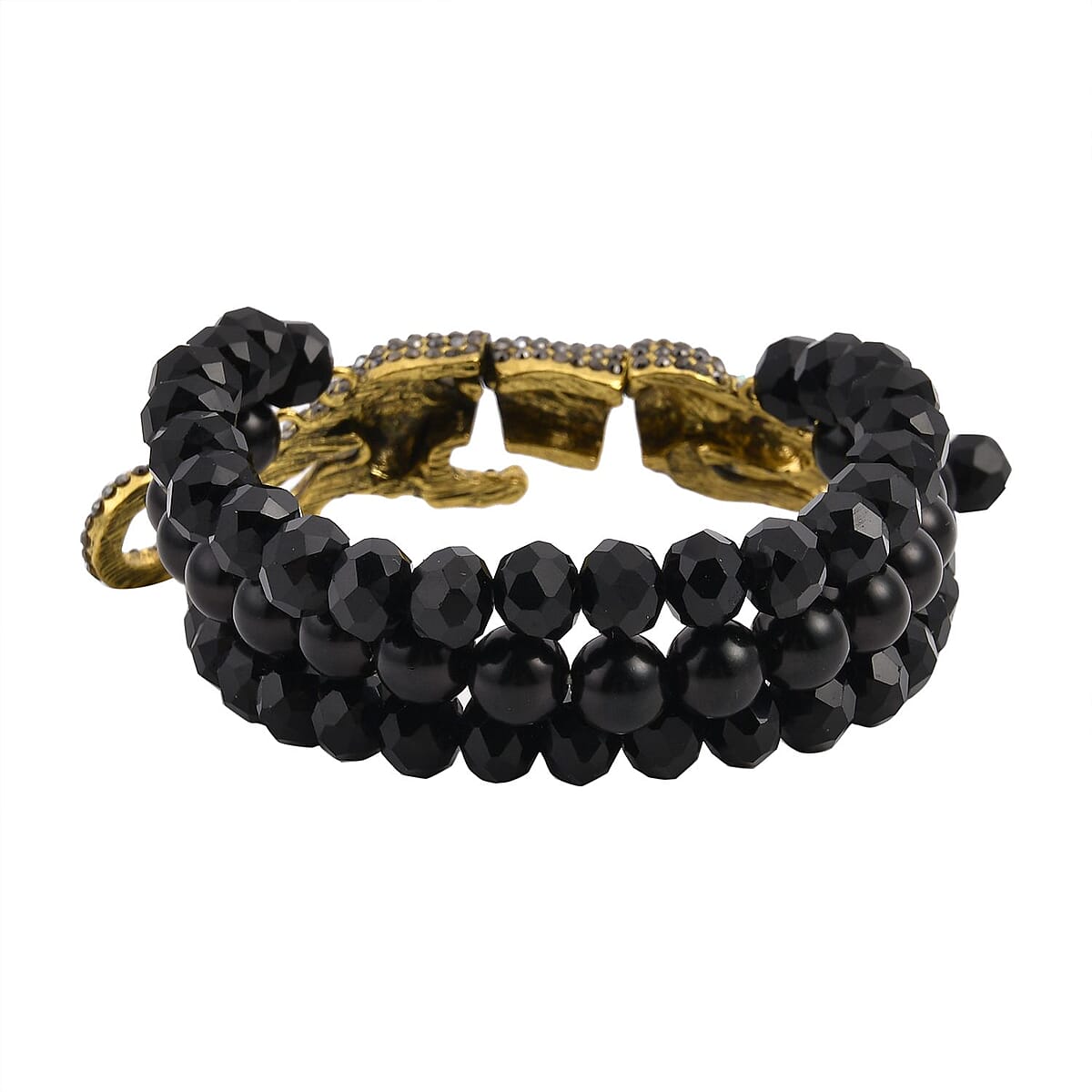Simulated Black Pearl and Multi Gemstone Multi Row Bracelet with Leopard Charm in Goldtone (7.5-9.5In) image number 3