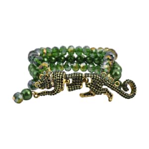 Simulated Green Pearl and Multi Gemstone Multi Row Bracelet with Leopard Charm in Goldtone (7.5-9.5In)